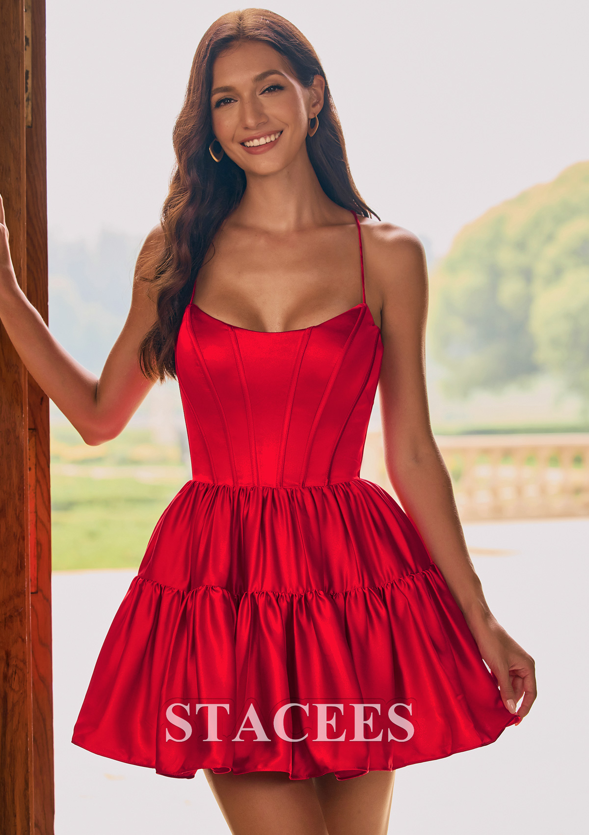 Rouge Robe trapèze scoop satin courte/mini robe de fête de la rentré avec plissé - STACEES