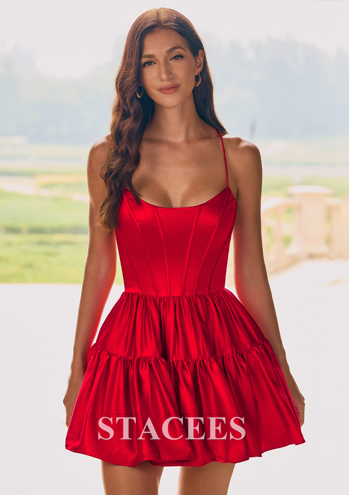 Rouge Robe trapèze scoop satin courte/mini robe de fête de la rentré avec plissé - STACEES