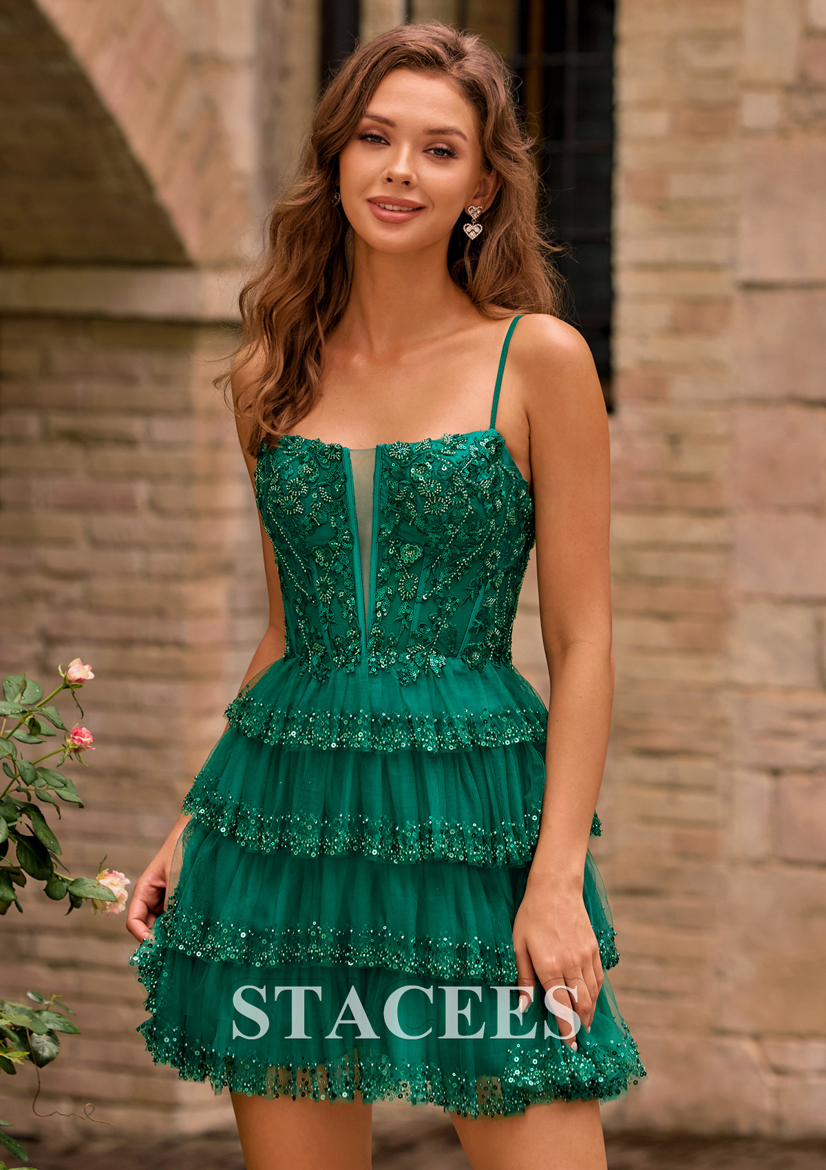 Dark Green A-line Square Neckline Embellished Tiered Ruffle Homecoming Dress - STACEES