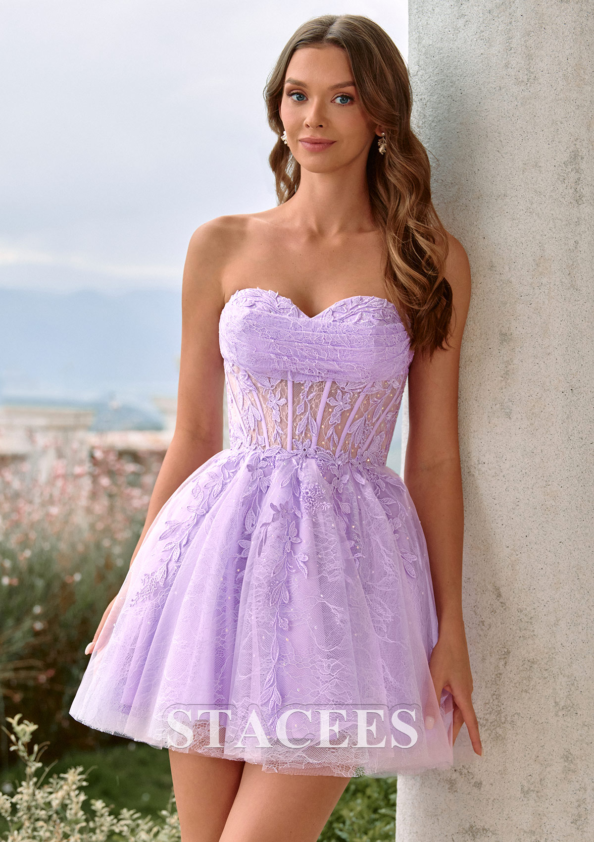 Lilas Trapèze col cœur tulle courte/mini robe de fête de la rentré avec perles dentelle plissé - STACEES