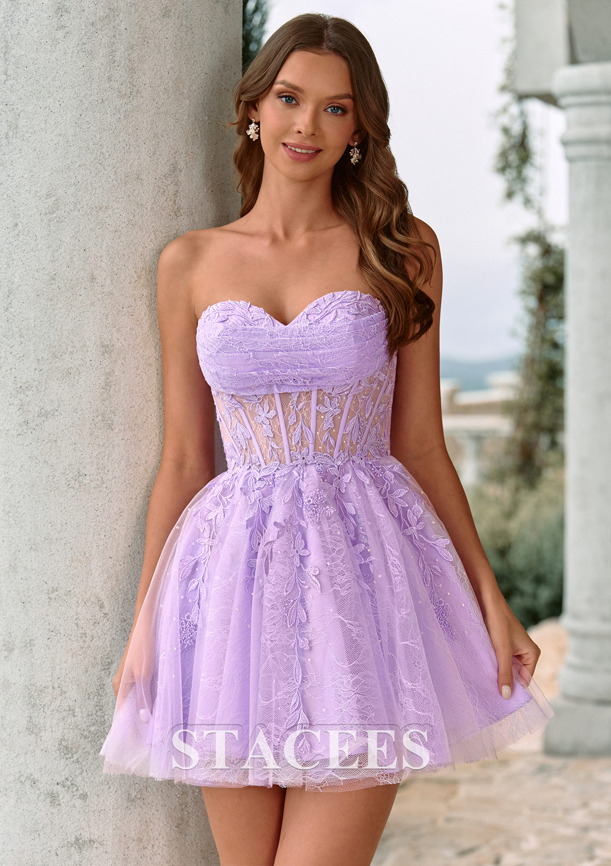 Lilas Trapèze col cœur tulle courte/mini robe de fête de la rentré avec perles dentelle plissé - STACEES