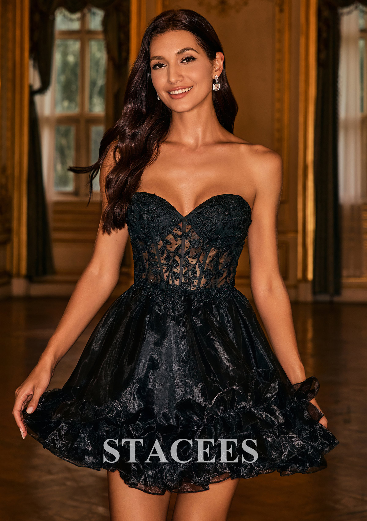 Black A-line Strapless Ruffle Organza Homecoming Dress with Lace Sheer Corset - STACEES