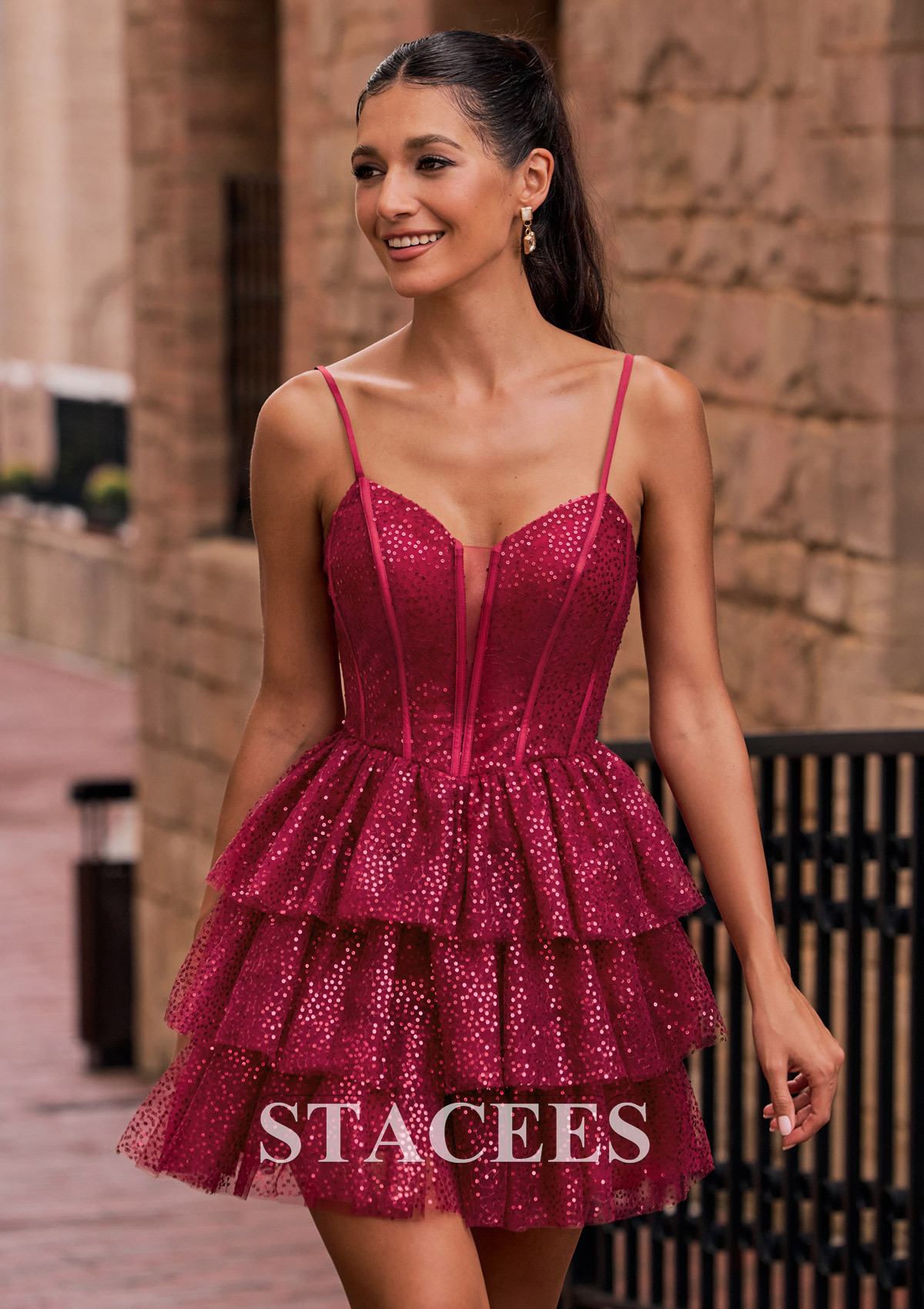 Burgundy A-line Sweetheart Sequin Ruffle Tiered Homecoming Dress - STACEES