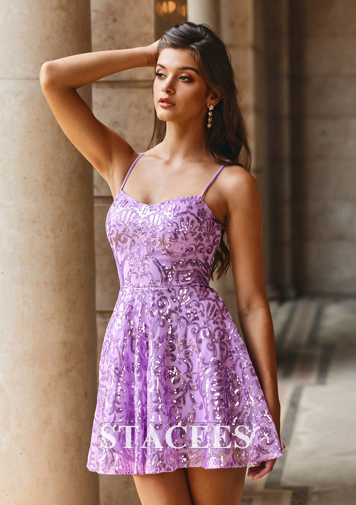 Lilas Robe trapèze col en v paillettes courte/mini robe de fête de la rentrée - STACEES