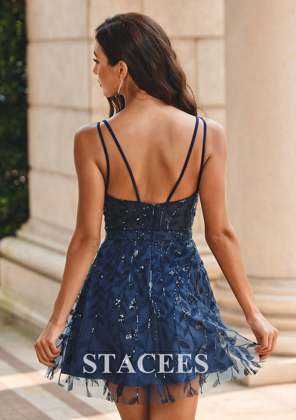 Bleu marine foncé Robe trapèze col en v tulle courte/mini robe de fête de la rentrée  - STACEES