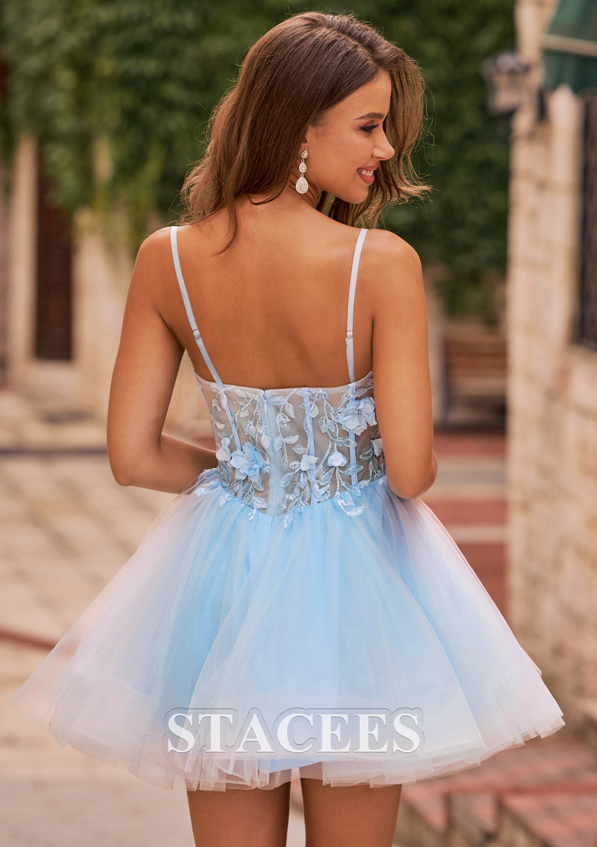 Bleu Ciel Robe trapèze col en v tulle courte/mini robe de fête de la rentrée - STACEES