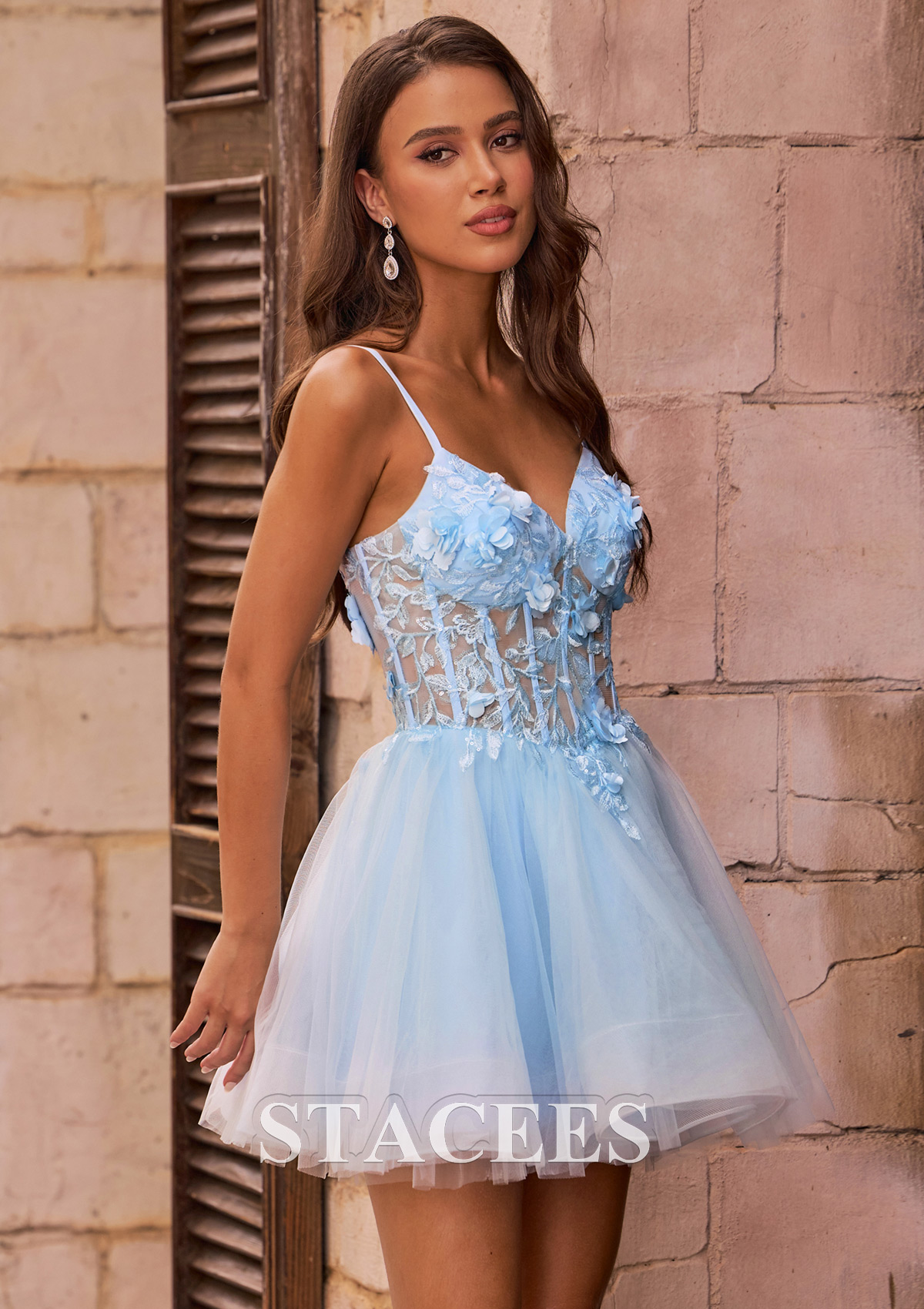 Bleu Ciel Robe trapèze col en v tulle courte/mini robe de fête de la rentrée - STACEES