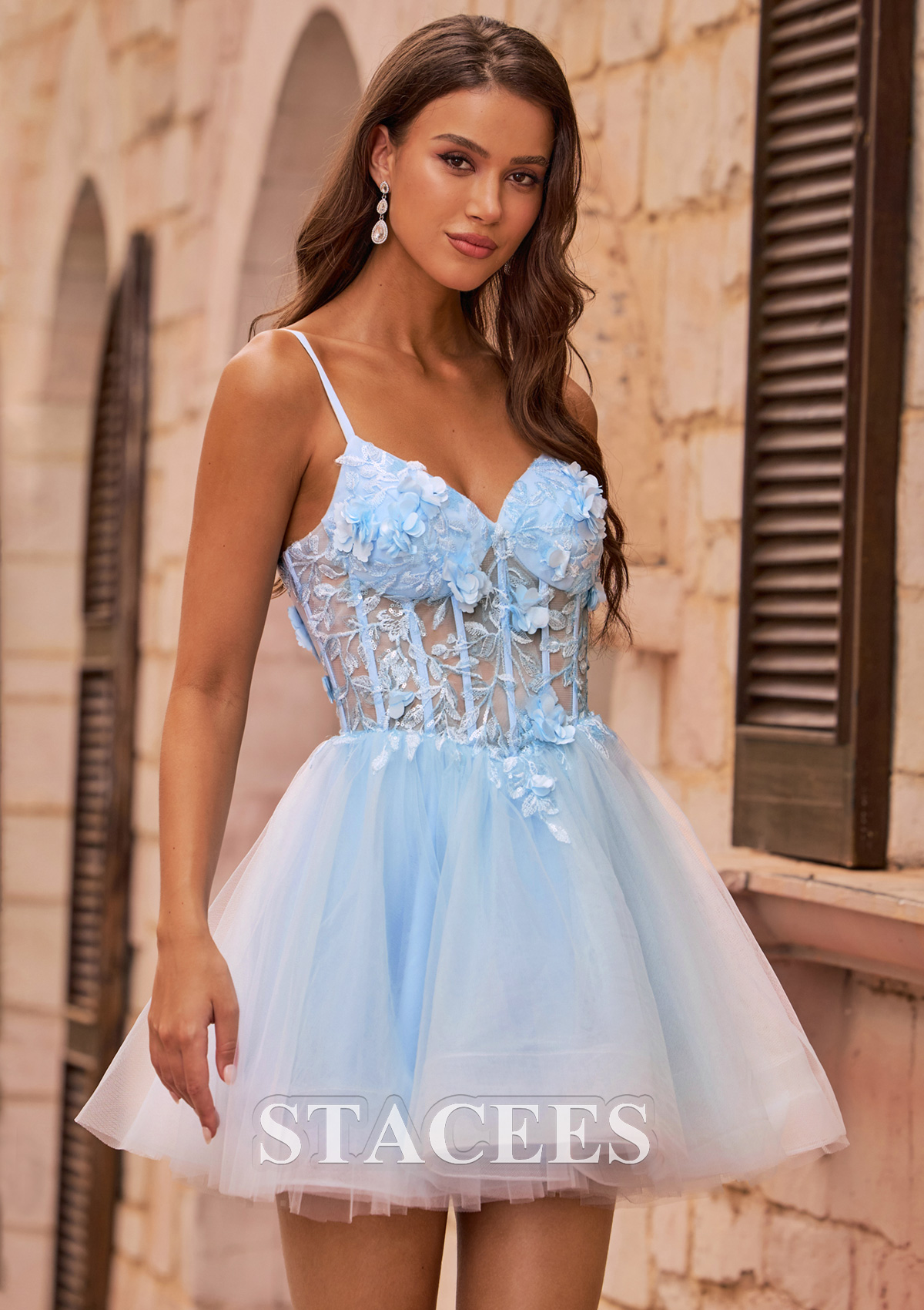 Bleu Ciel Robe trapèze col en v tulle courte/mini robe de fête de la rentrée - STACEES