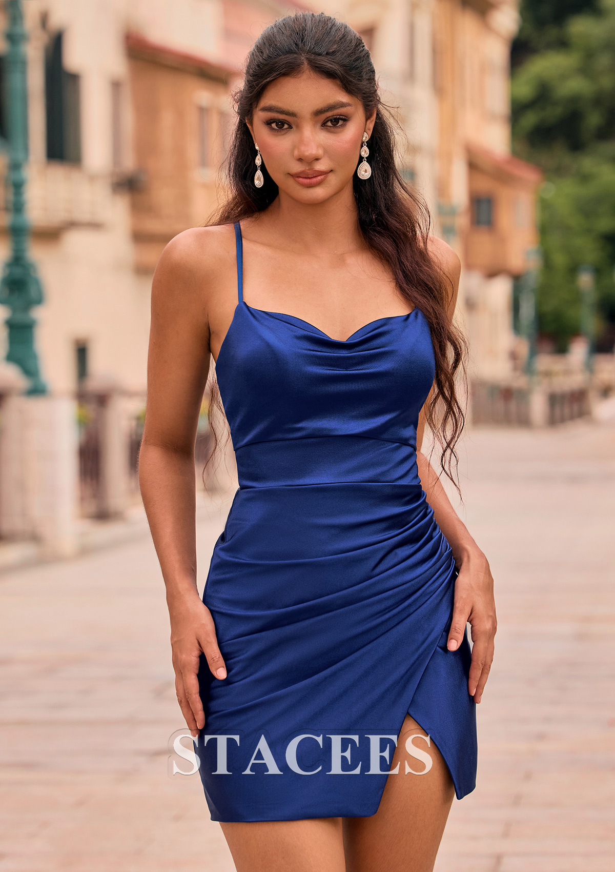 navy blue fitted dress Flattering Cowl Neck Slit Homecoming with Spaghetti Straps S8573H - Homecoming Dresses Women's US Size:5.5 evening celebrations EXTRAWEDDINGS20 Boujie Babe Lace Maxi