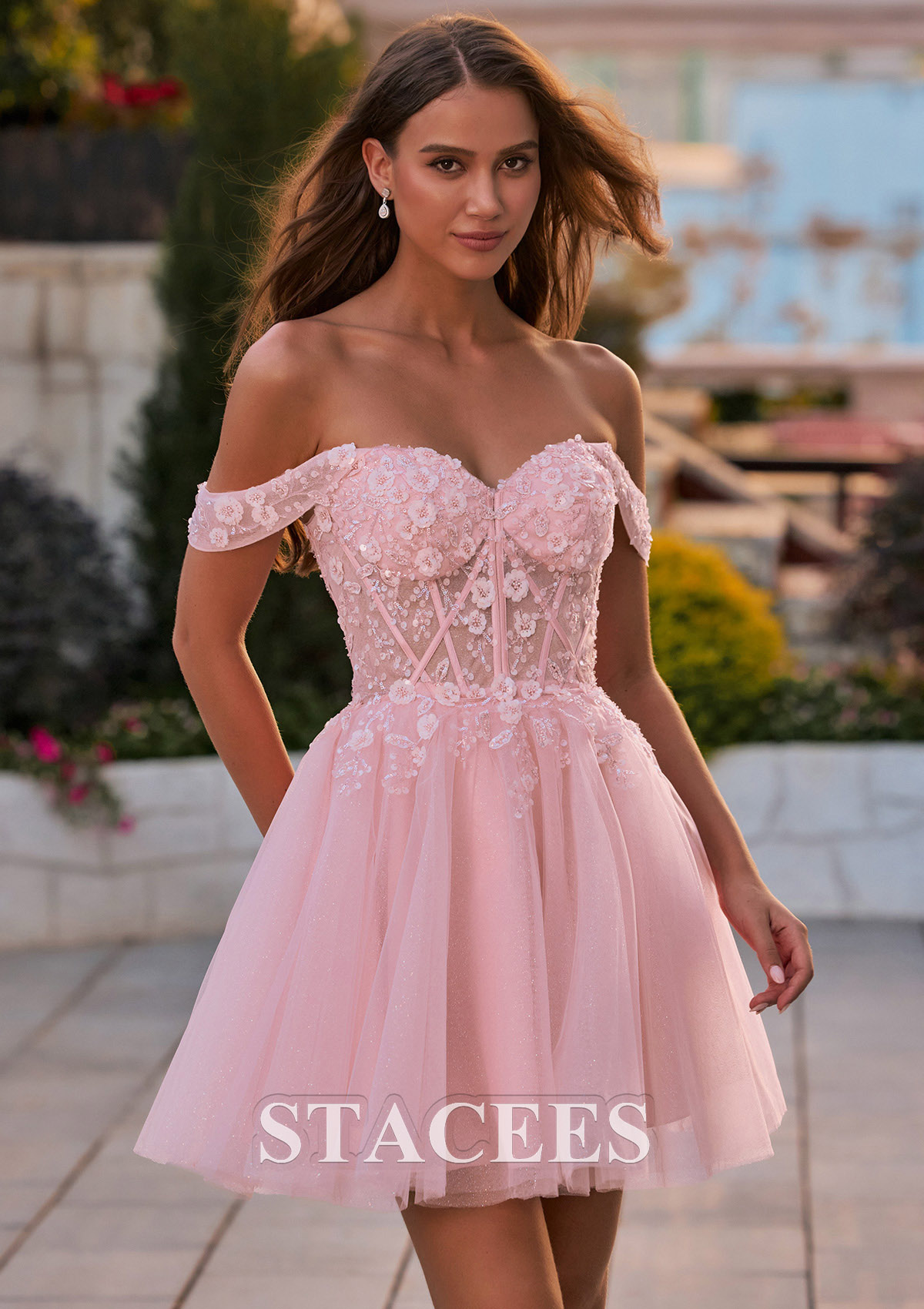 Rose Rougissant Robe trapèze épaule dénudée tulle courte/mini robe de fête de la rentrée avec perles paillettes - STACEES