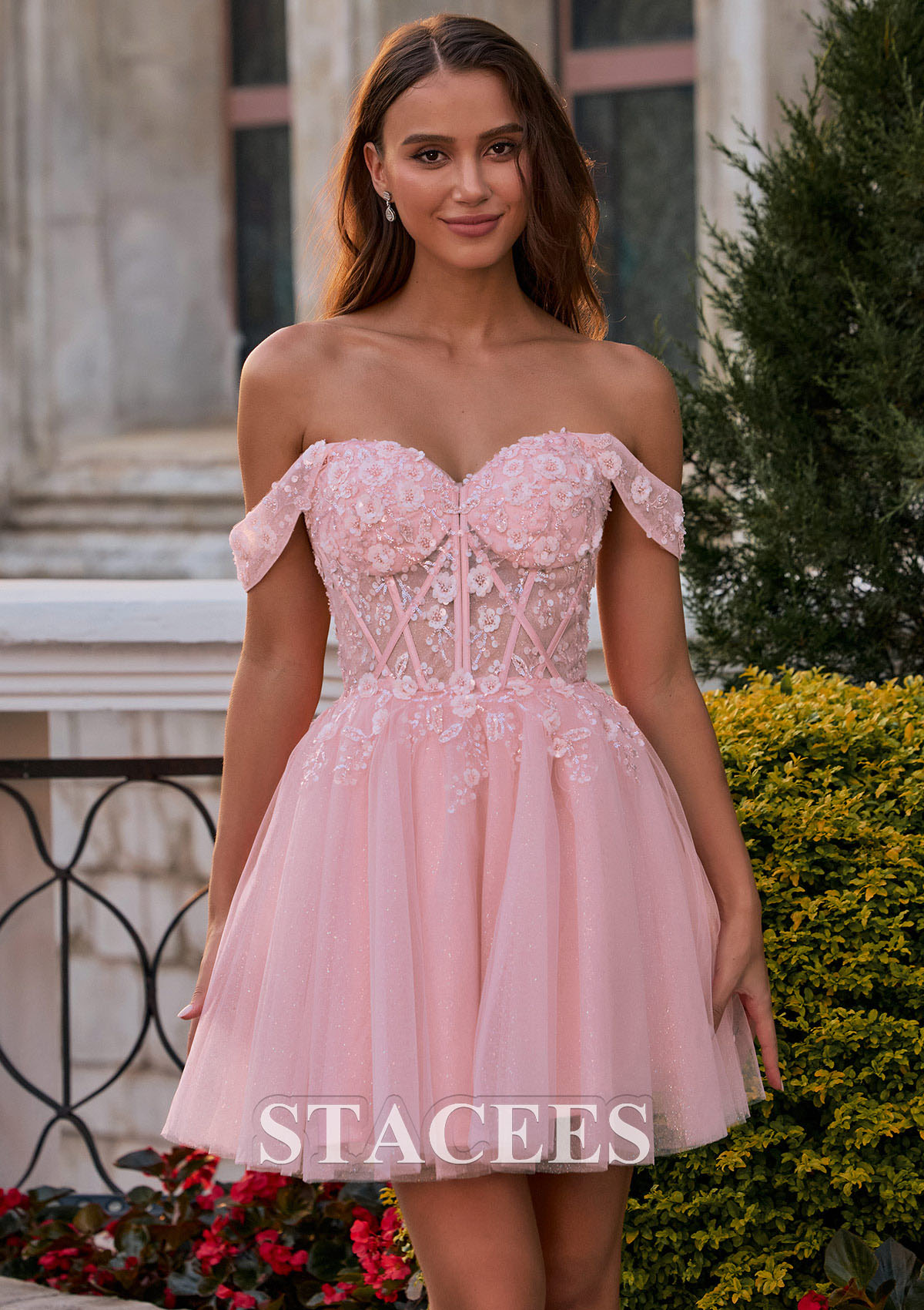 Rose Rougissant Robe trapèze épaule dénudée tulle courte/mini robe de fête de la rentrée avec perles paillettes - STACEES