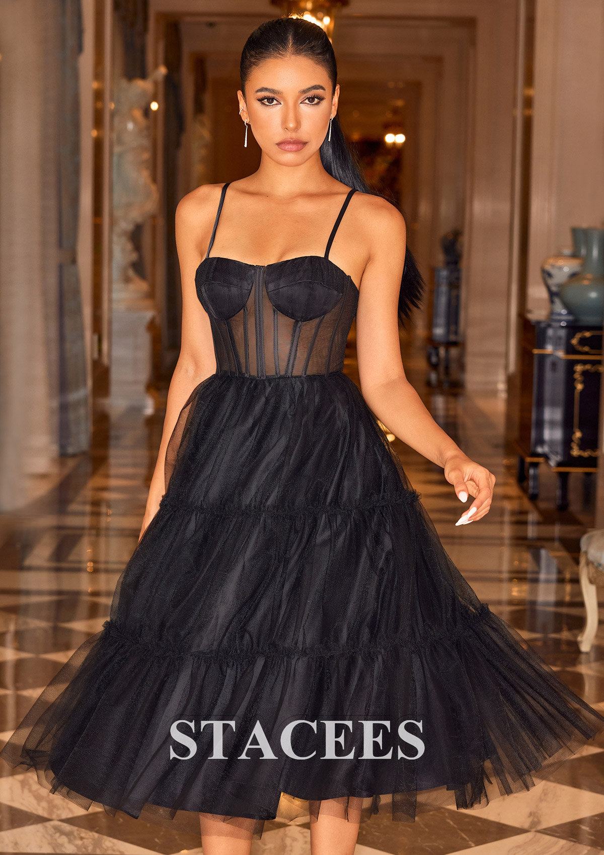 Black Vestido línea a cuello cuadrado tul hasta la tibia vestido para homecoming - STACEES