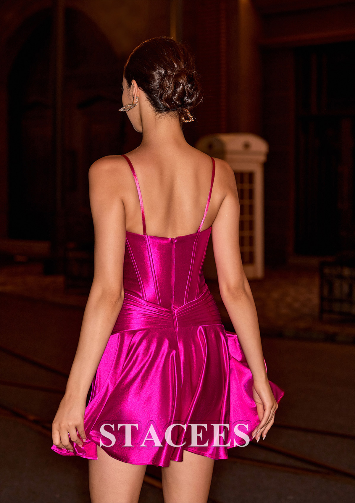 Fuchsia A-line Sweetheart Ruched Corset Short Homecoming Dress with Keyhole - STACEES