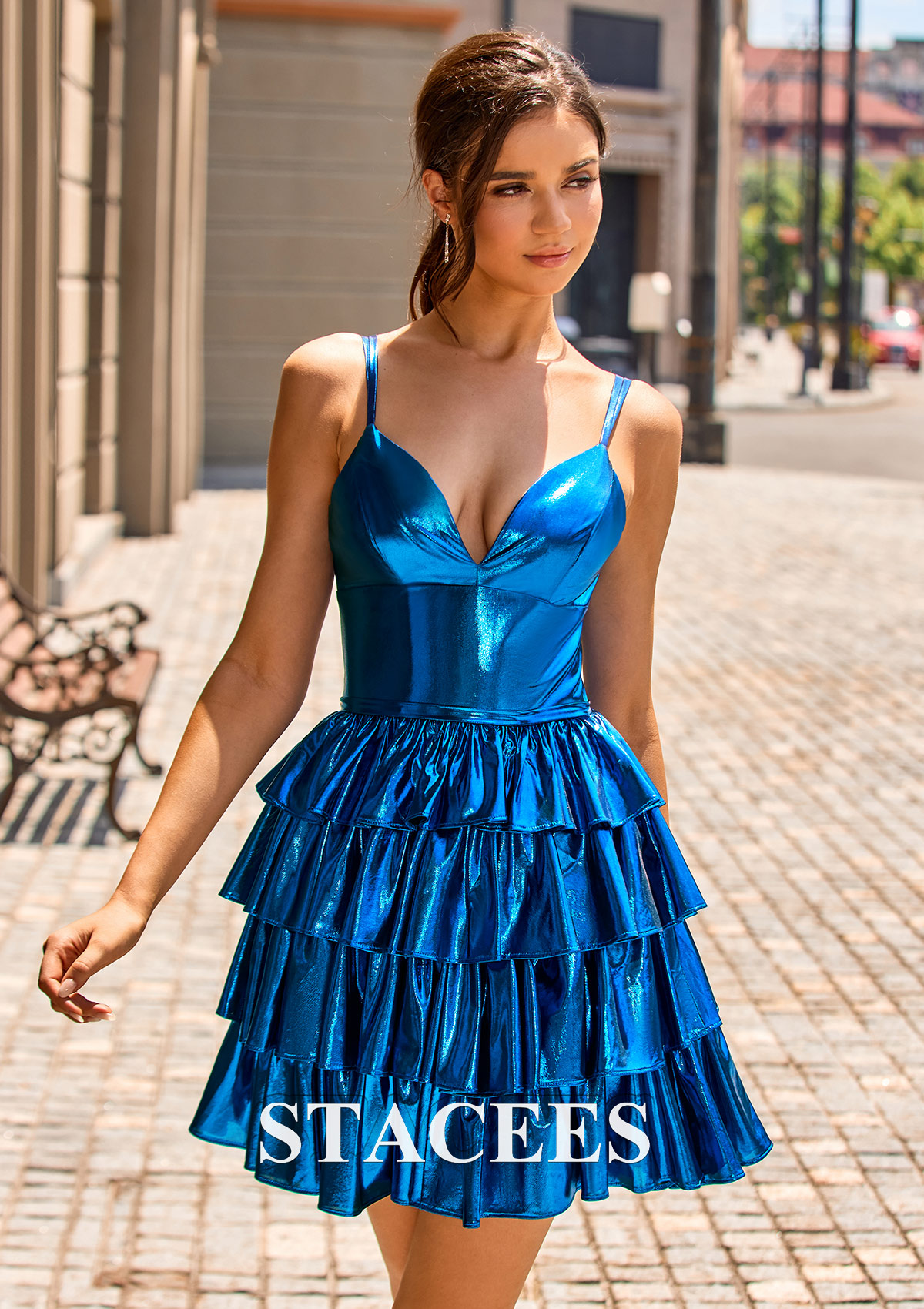 Ocean Blue A-line V Neck Metallic Short/Mini Homecoming Dress with Ruffles - STACEES