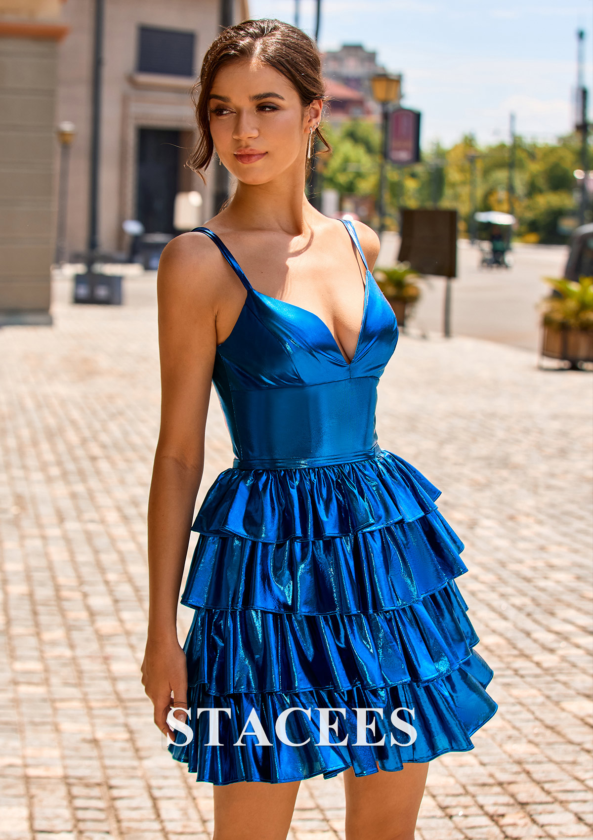 Ocean Blue A-line V Neck Metallic Short/Mini Homecoming Dress with Ruffles - STACEES