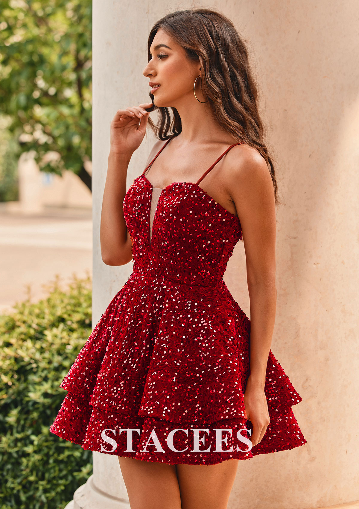 Bordeaux Robe trapèze col en v velours paillettes courte/mini robe de fête de la rentrée - STACEES