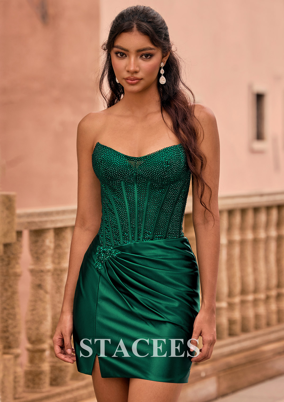 Vert Foncé Fourreau scoop soie comme du satin courte/mini robe de fête de la rentrée avec perles plissé - STACEES