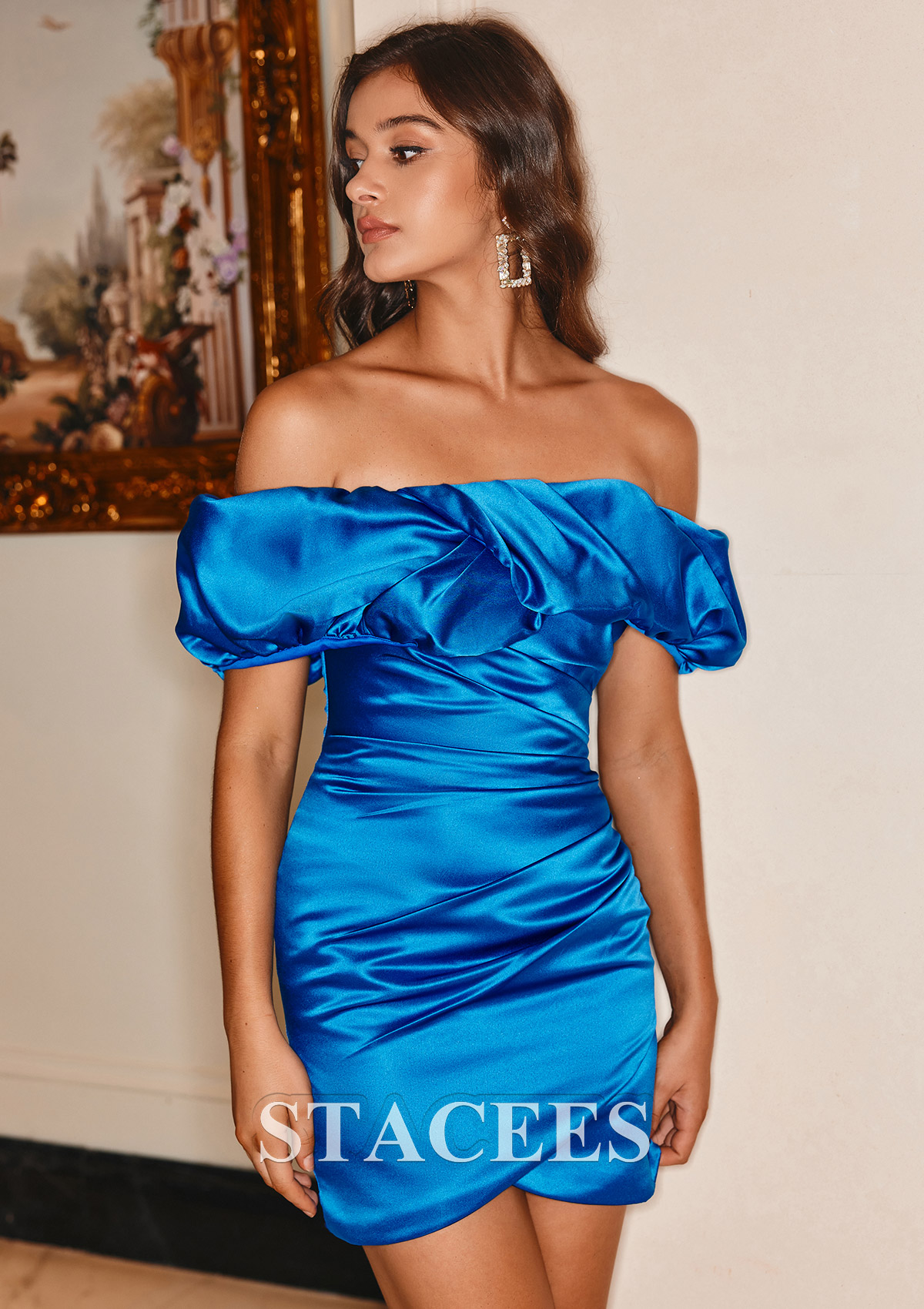 Ocean Blue Sheath/Column Off-the-Shoulder Short Sleeve Satin Short/Mini Homecoming Dress with Pleated Ruffles - STACEES