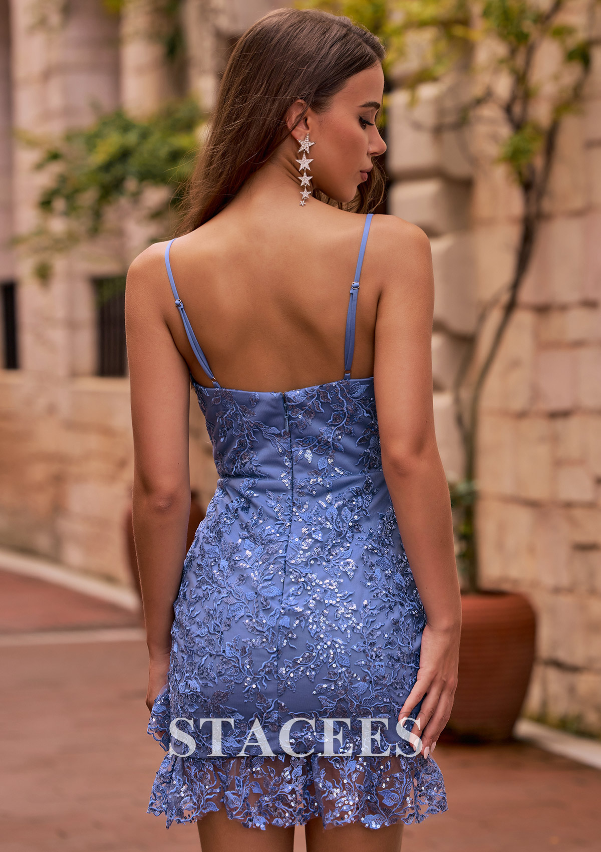 Lavender Fitted Sequin Embroidered Mini Homecoming Dress with Ruffled Hem - STACEES