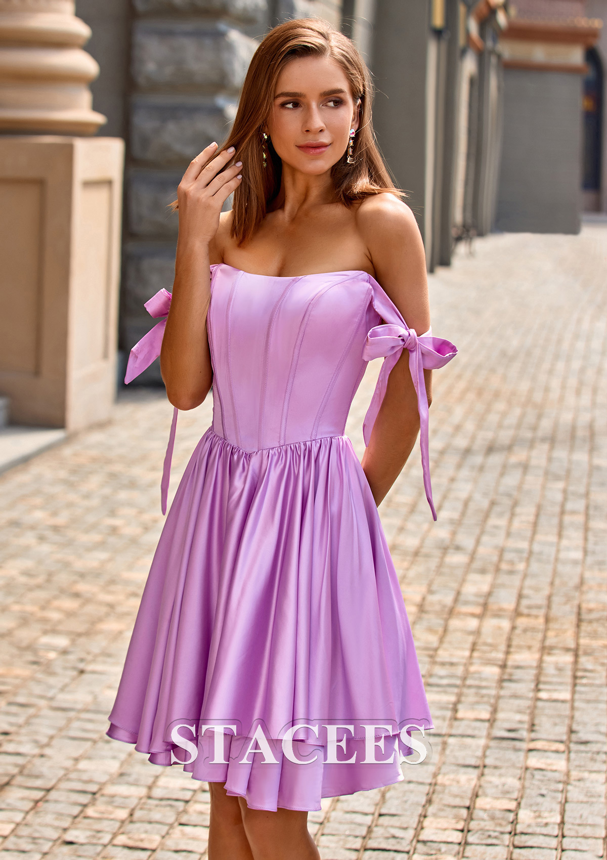 Lilac A-line Off-the-Shoulder Short/Mini Satin Homecoming Dress with Ruffles Bows - STACEES