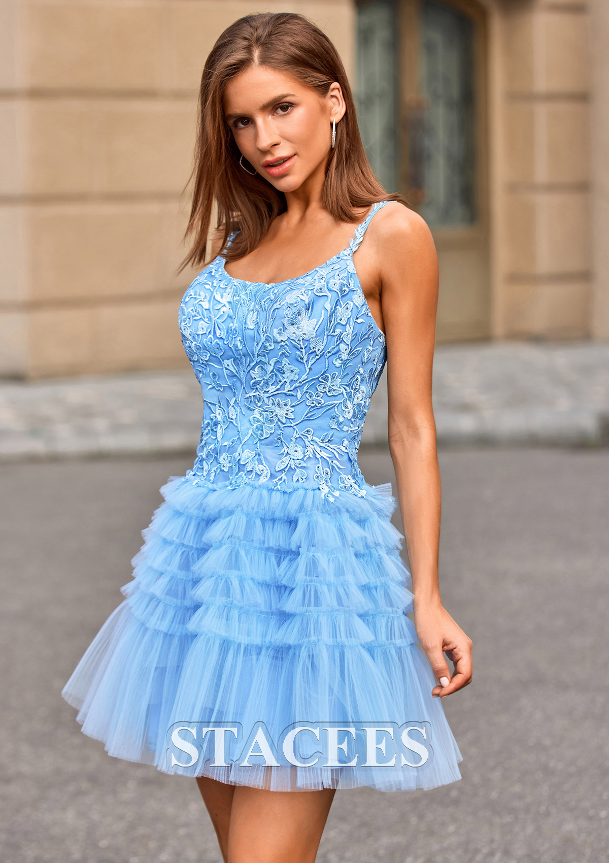Bleu Ciel Robe trapèze scoop tulle courte/mini robe de fête de la rentrée  - STACEES