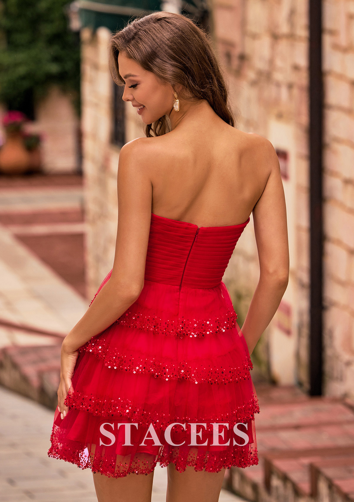 Red Ruched A-line Strapless Tiered Ruffle Tulle Homecoming Dress with Sequins Beads - STACEES