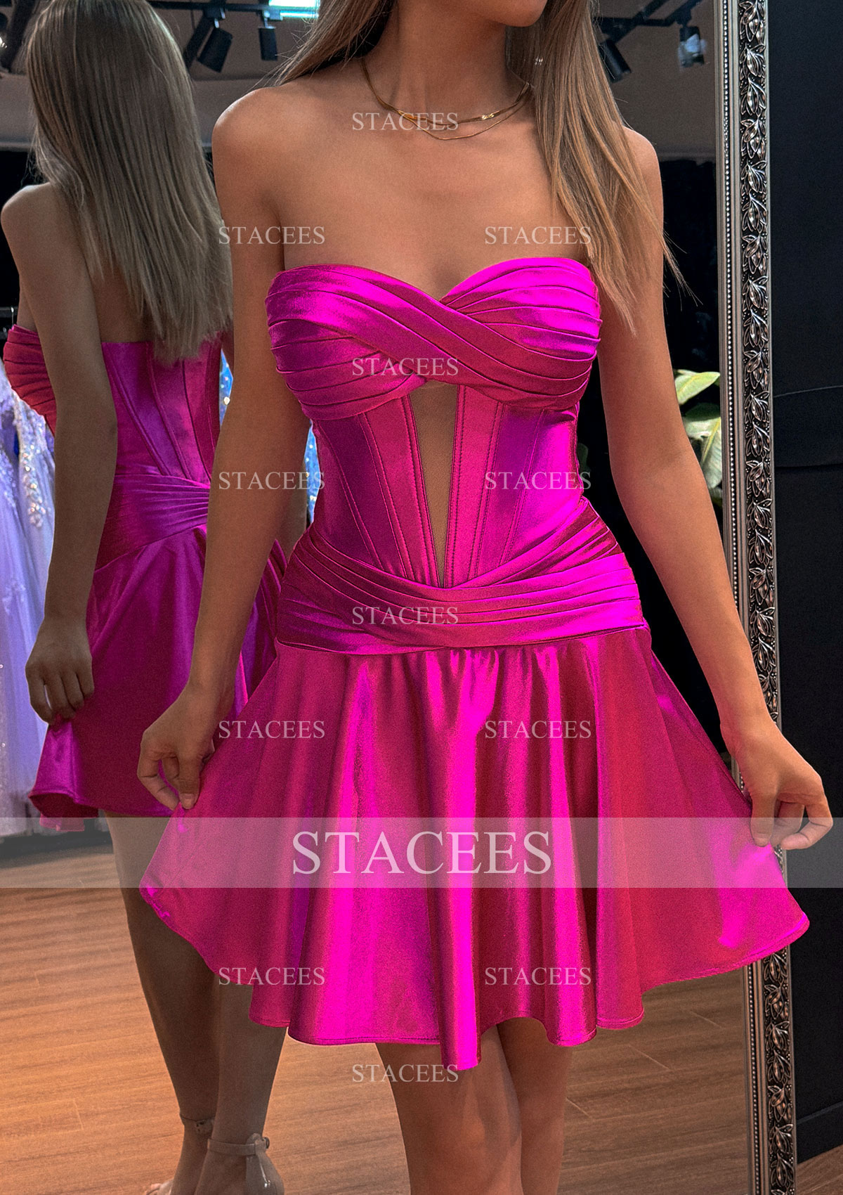 Fuchsia A-line Sweetheart Short/Mini Silk like Satin Homecoming Dress with Pleated - STACEES