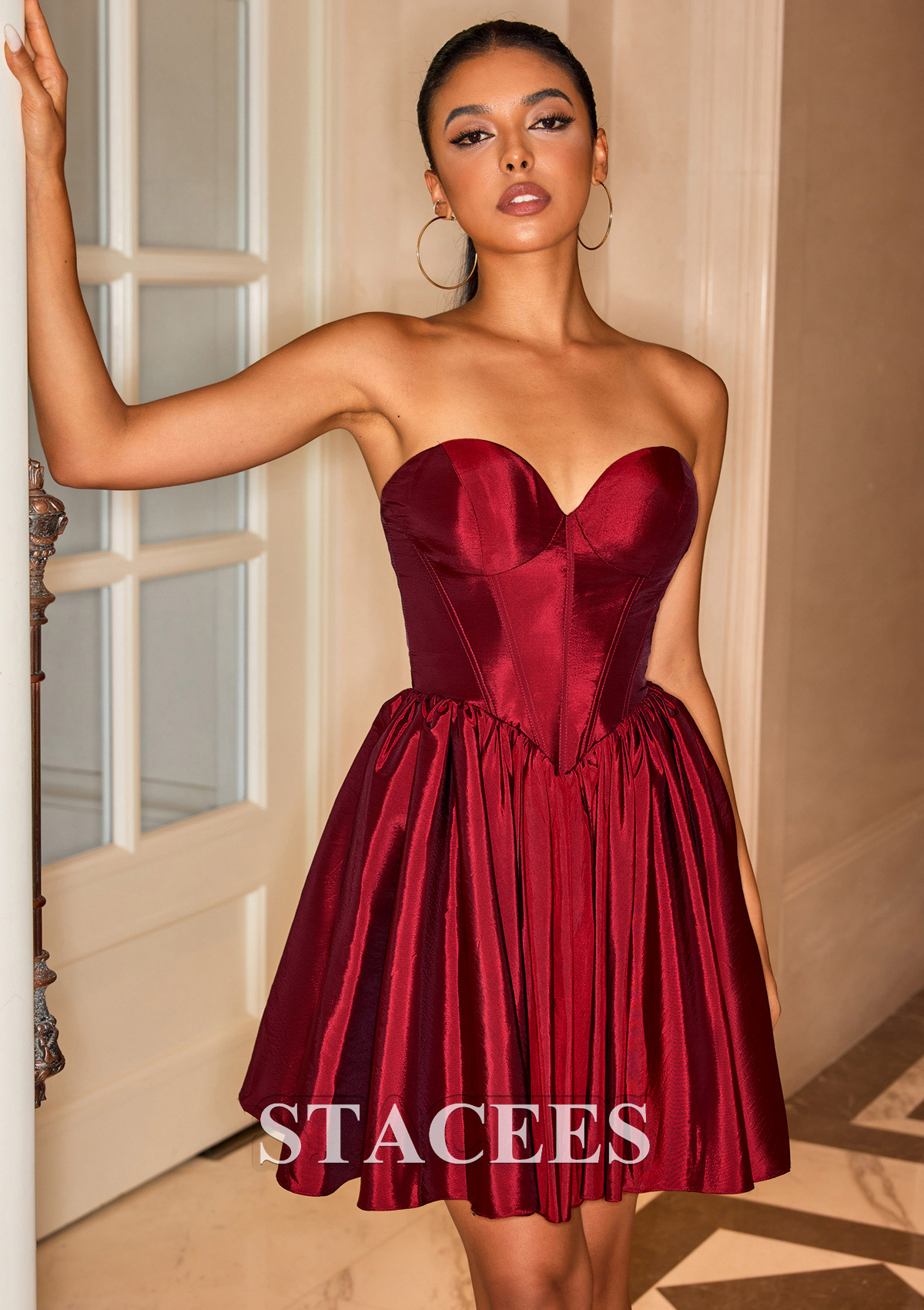 Burgundy A-line Strapless Taffeta Corset Homecoming Dress - STACEES