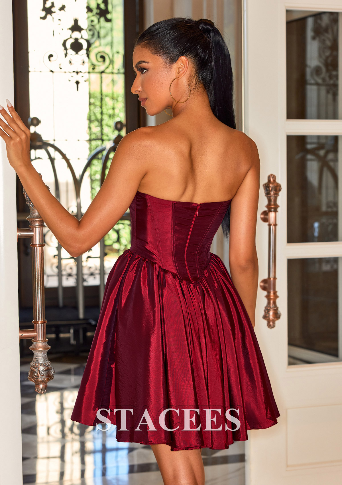 Burgundy A-line Strapless Taffeta Corset Homecoming Dress - STACEES