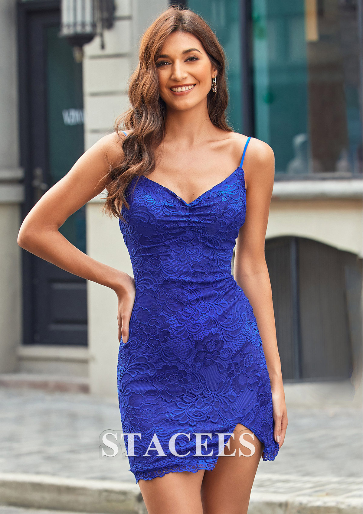 Royal Blue Cubierta escote en v encaje corto/mini vestido para homecoming - STACEES