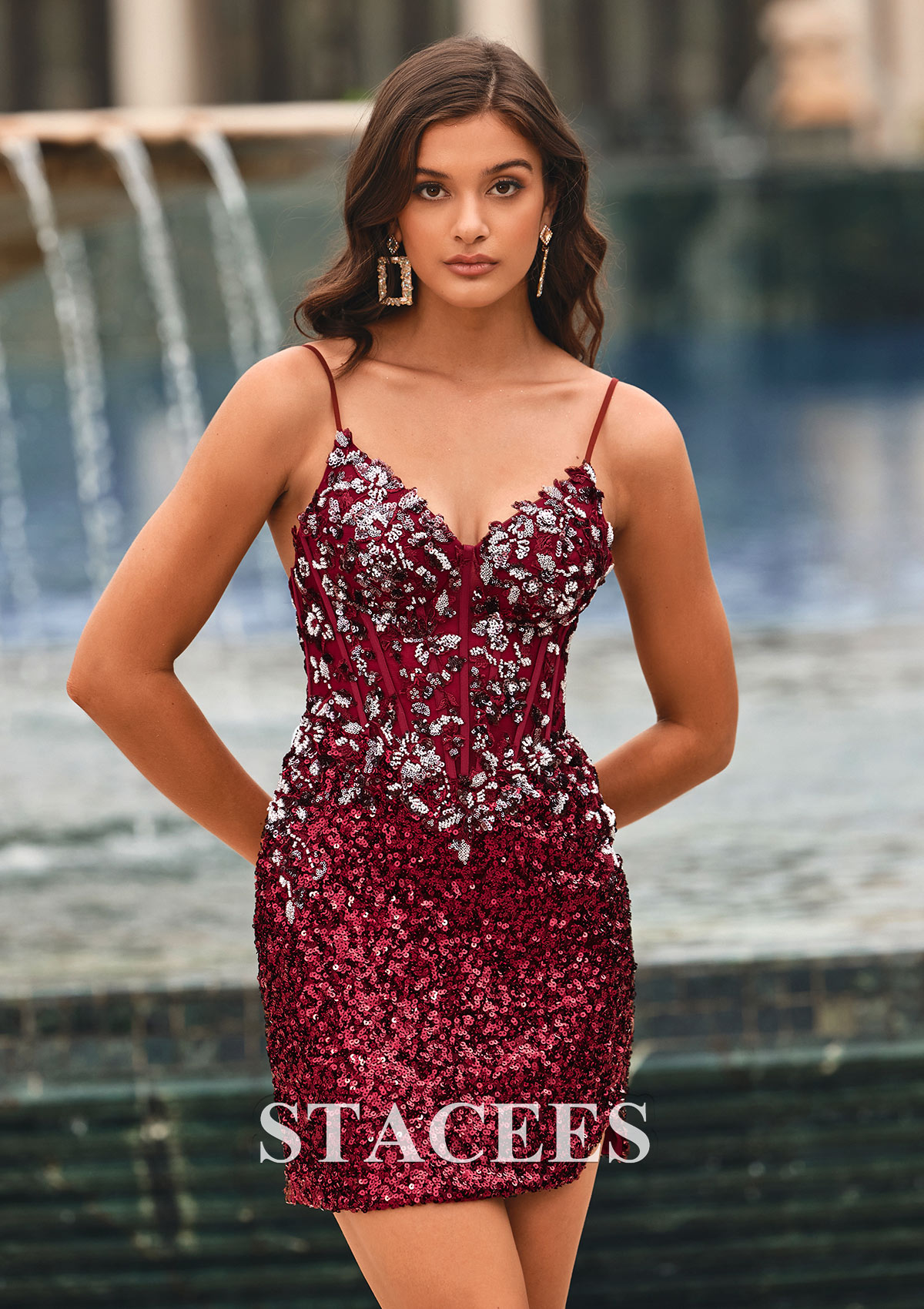 Red Sheath/Column V Neck Sequined Short/Mini Homecoming Dress with Appliqued Beading Split - STACEES