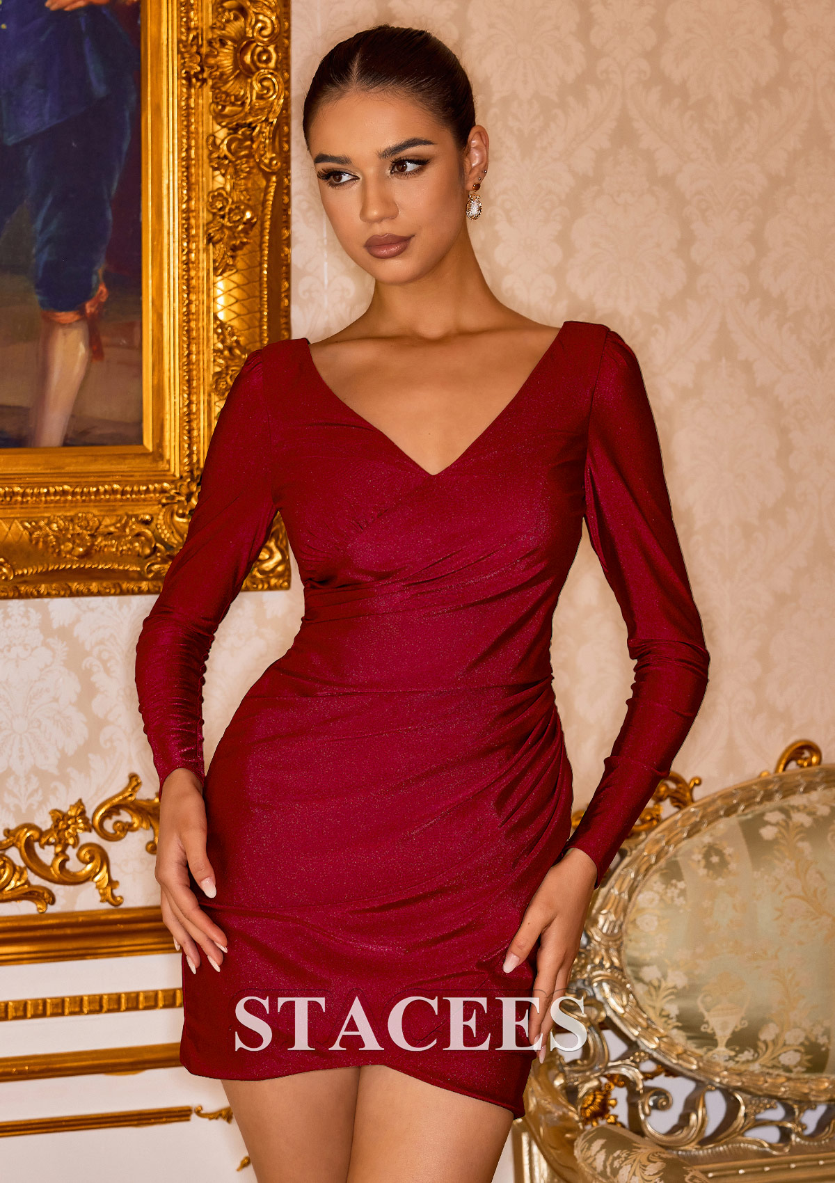Burgundy Cubierta escote en v jersey corto/mini vestido para homecoming - STACEES
