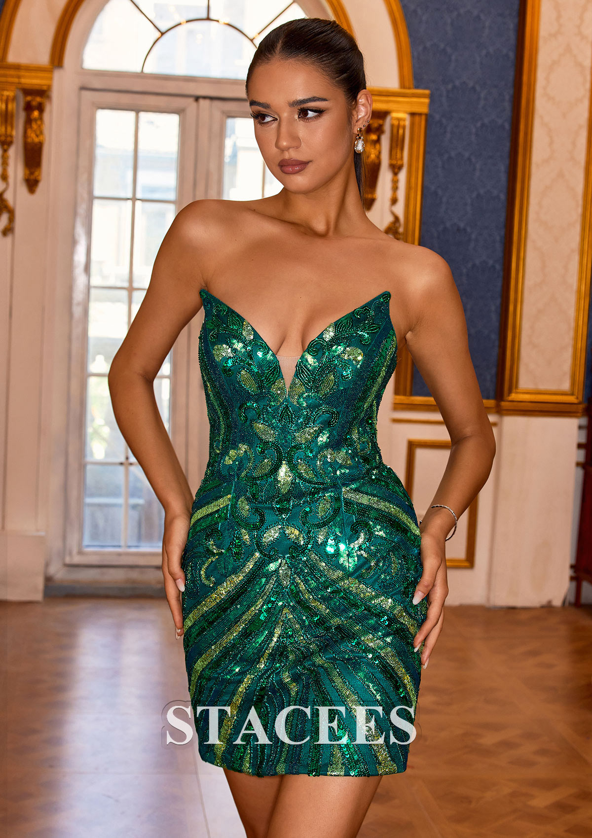 Vert Foncé Fourreau Col en V Paillettes Courte/Mini Robe de fête de la rentrée - STACEES