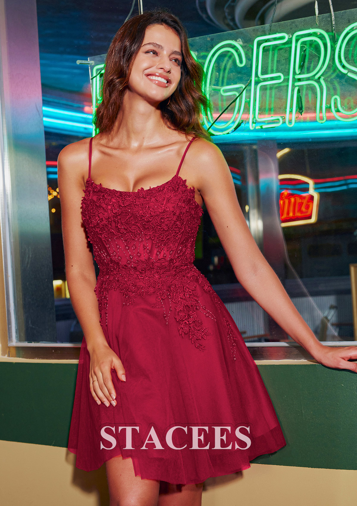 Burgundy A-line Sexy Bateau Short/Mini Tulle Homecoming Dress with Appliqued Beading - STACEES
