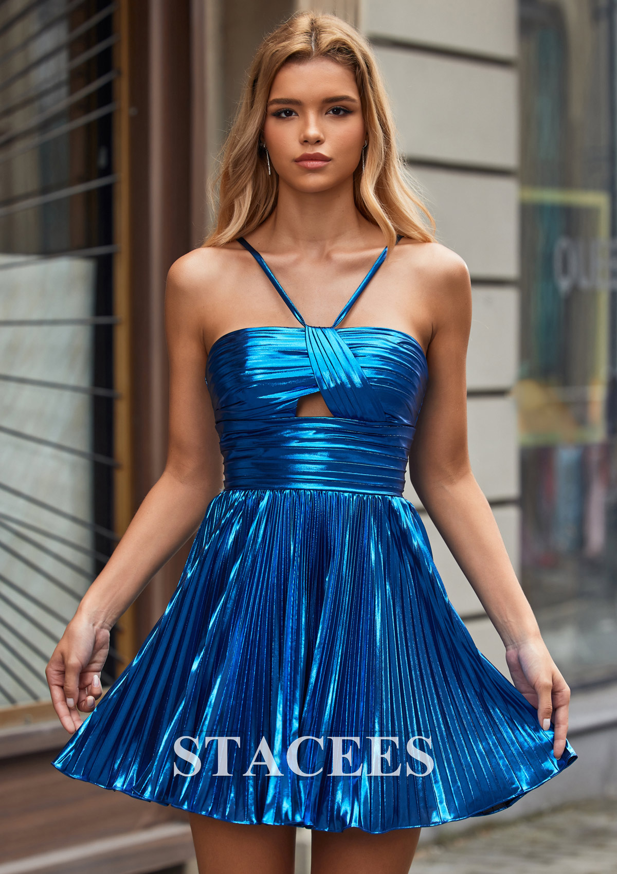 Azul Vestido línea a cuello halter metálico corto/mini vestido para homecoming - STACEES