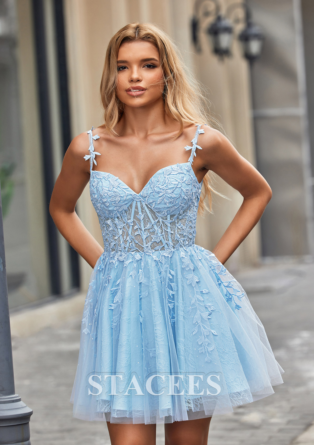 Sky Blue A-line V Neck Short/Mini Tulle Homecoming Dress with Beading Lace - STACEES