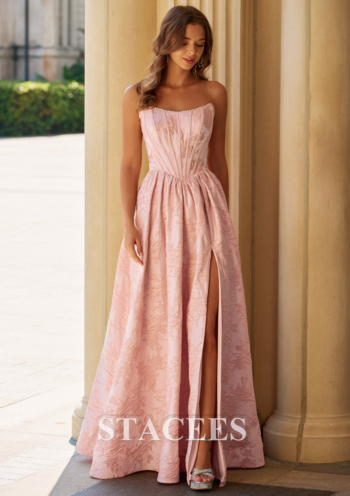 Blushing Pink A-line Strapless Corset Floral Jacquard Prom Dress with High Slit Pockets - STACEES