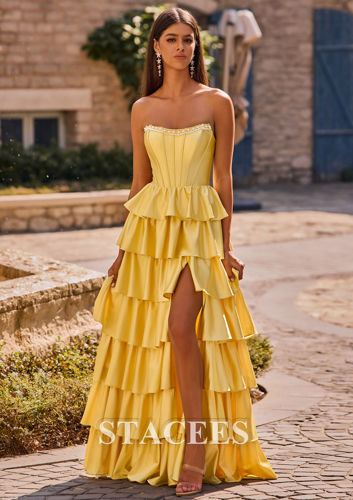 Daffodil A-line Square Neckline Strapless Corset Ruffle Slit Long Prom Dress with Beads - STACEES