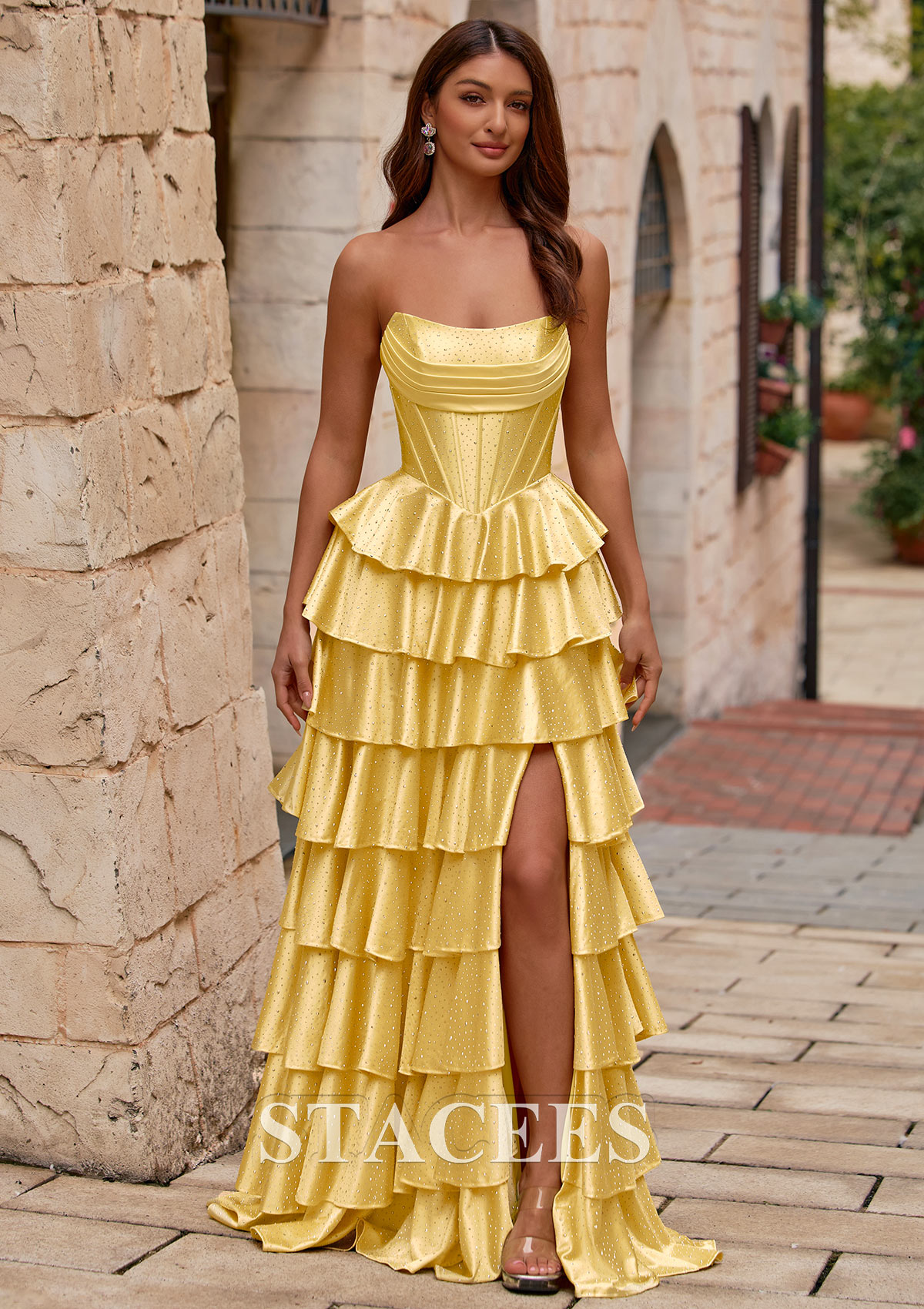 Daffodil A-line Strapless Ruched Corset Tiered Ruffle Hotfix Prom Dress with Slit - STACEES