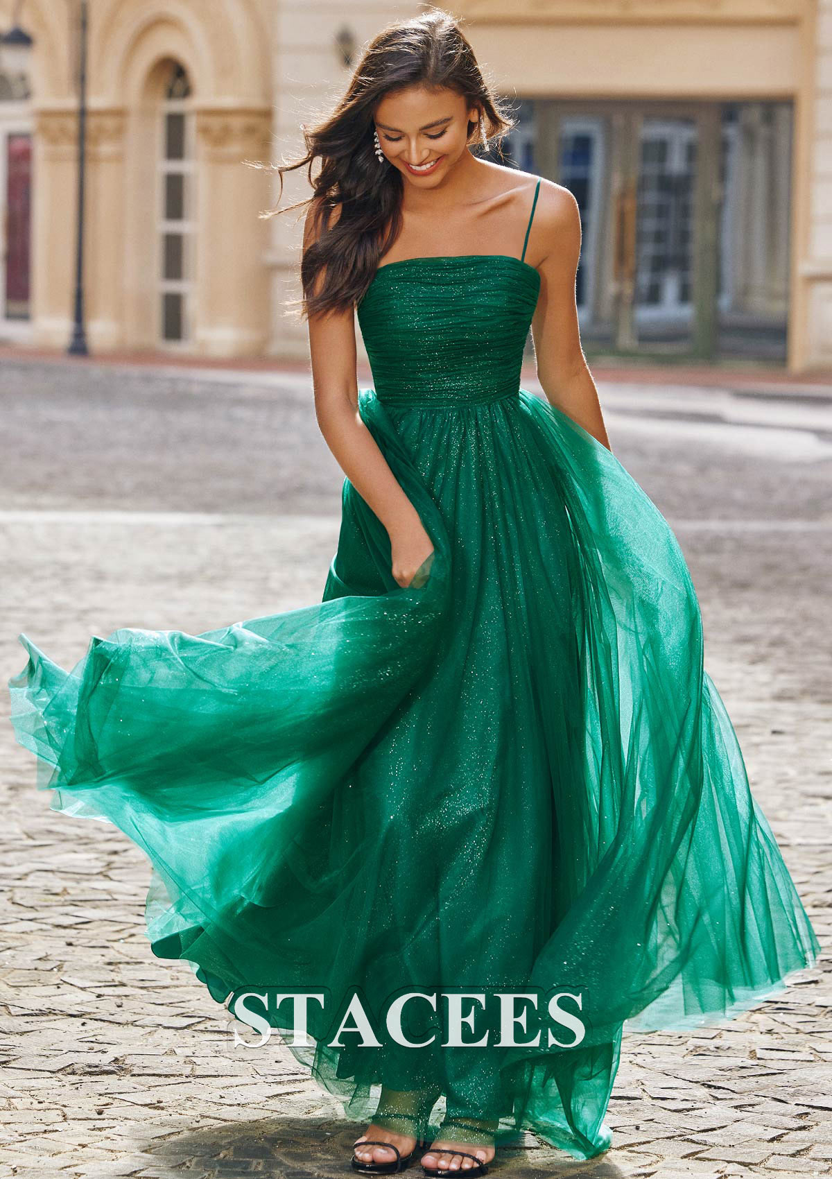 Dark Green A-line Square Neckline Sleeveless Sweep Train Tulle Prom Dress with Pleated Glitter - STACEES