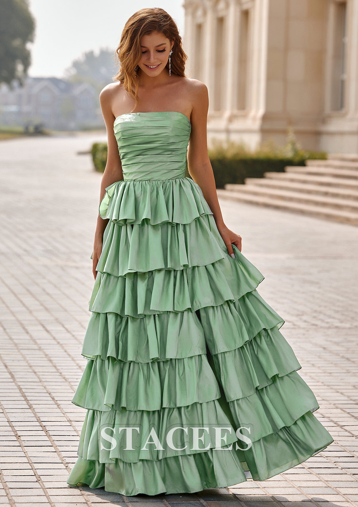 Sage A-line Square Neckline Strapless Floor-Length Taffeta Prom Dress with Ruffles Slit - STACEES