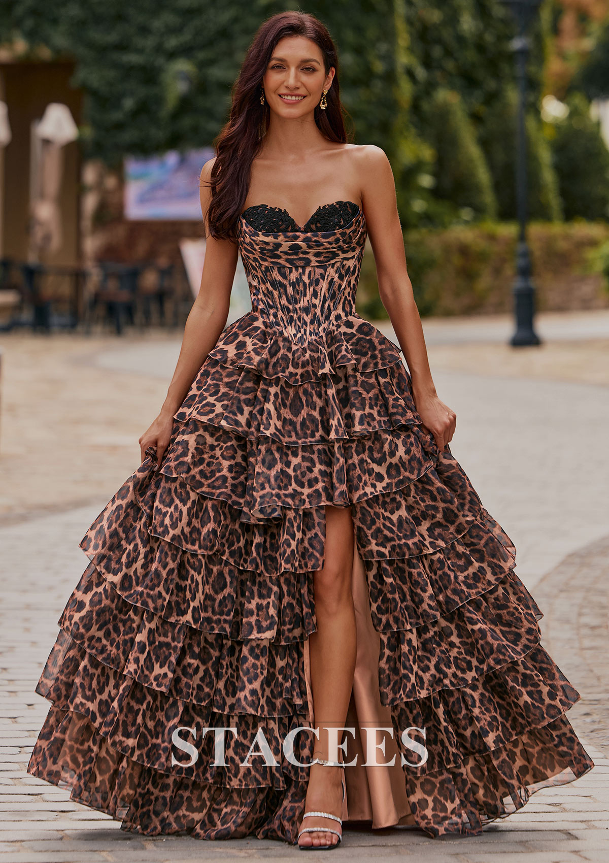 Cheetah Print Vestido línea a cuello de corazón gasa hasta el suelo vestido de graduación - STACEES
