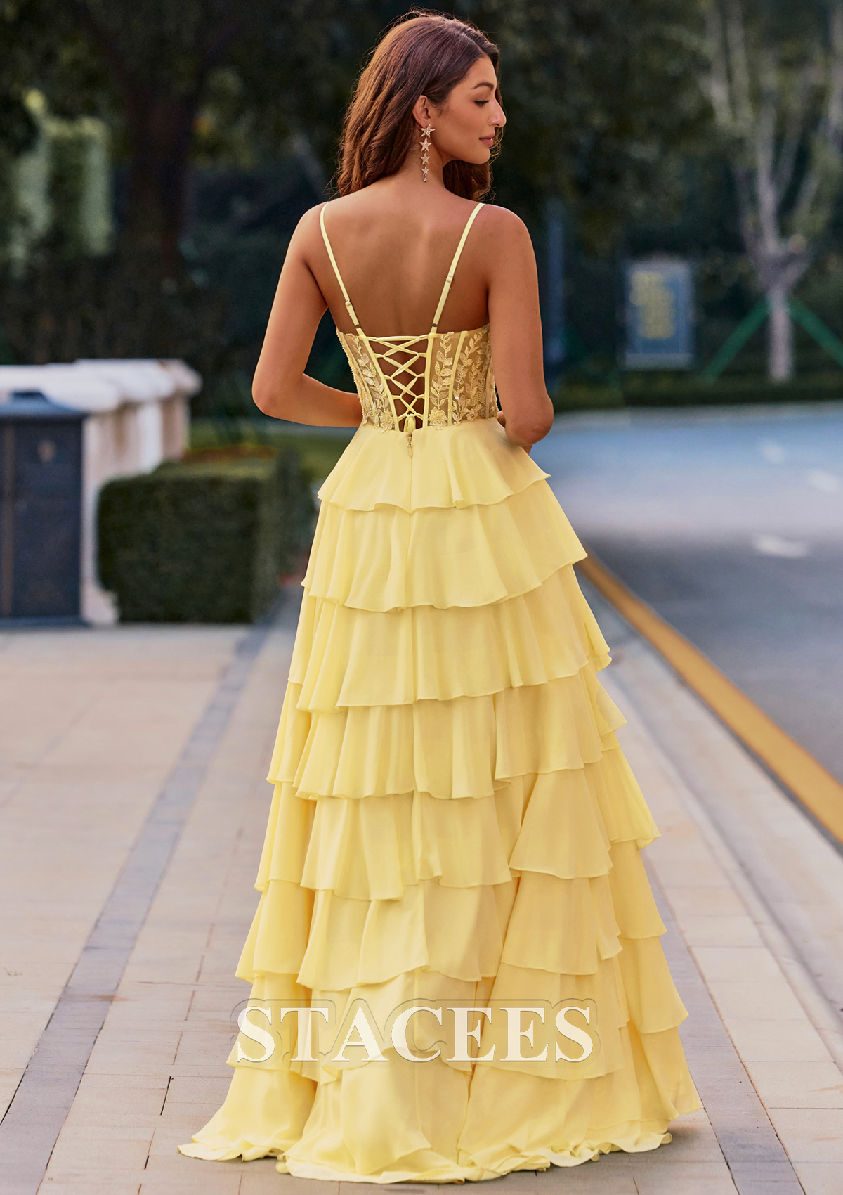Yellow A-line Sheer Floral Appliques Corset Chiffon Tiered Ruffle Slit Prom Dress - STACEES