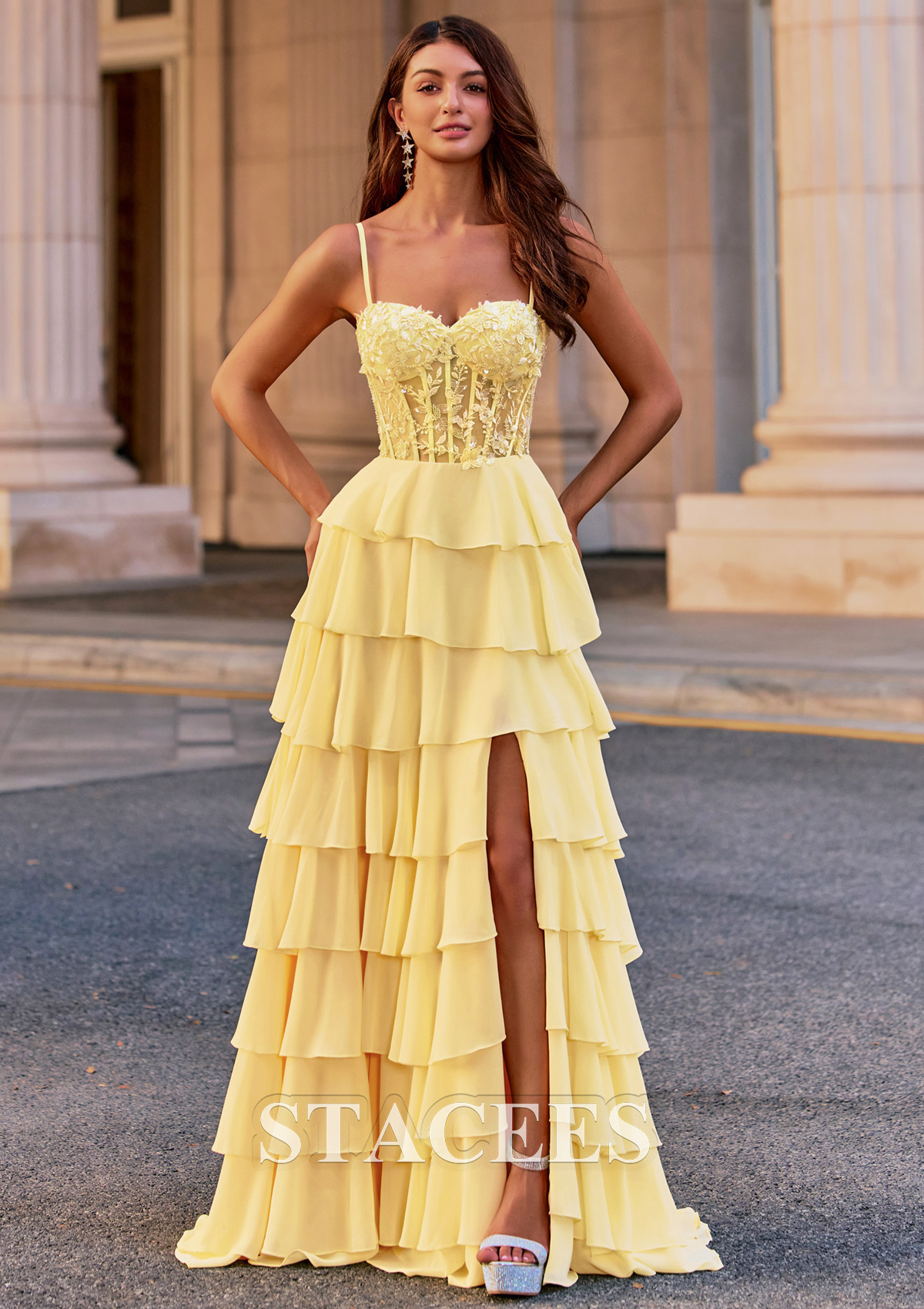Yellow A-line Sheer Floral Appliques Corset Chiffon Tiered Ruffle Slit Prom Dress - STACEES
