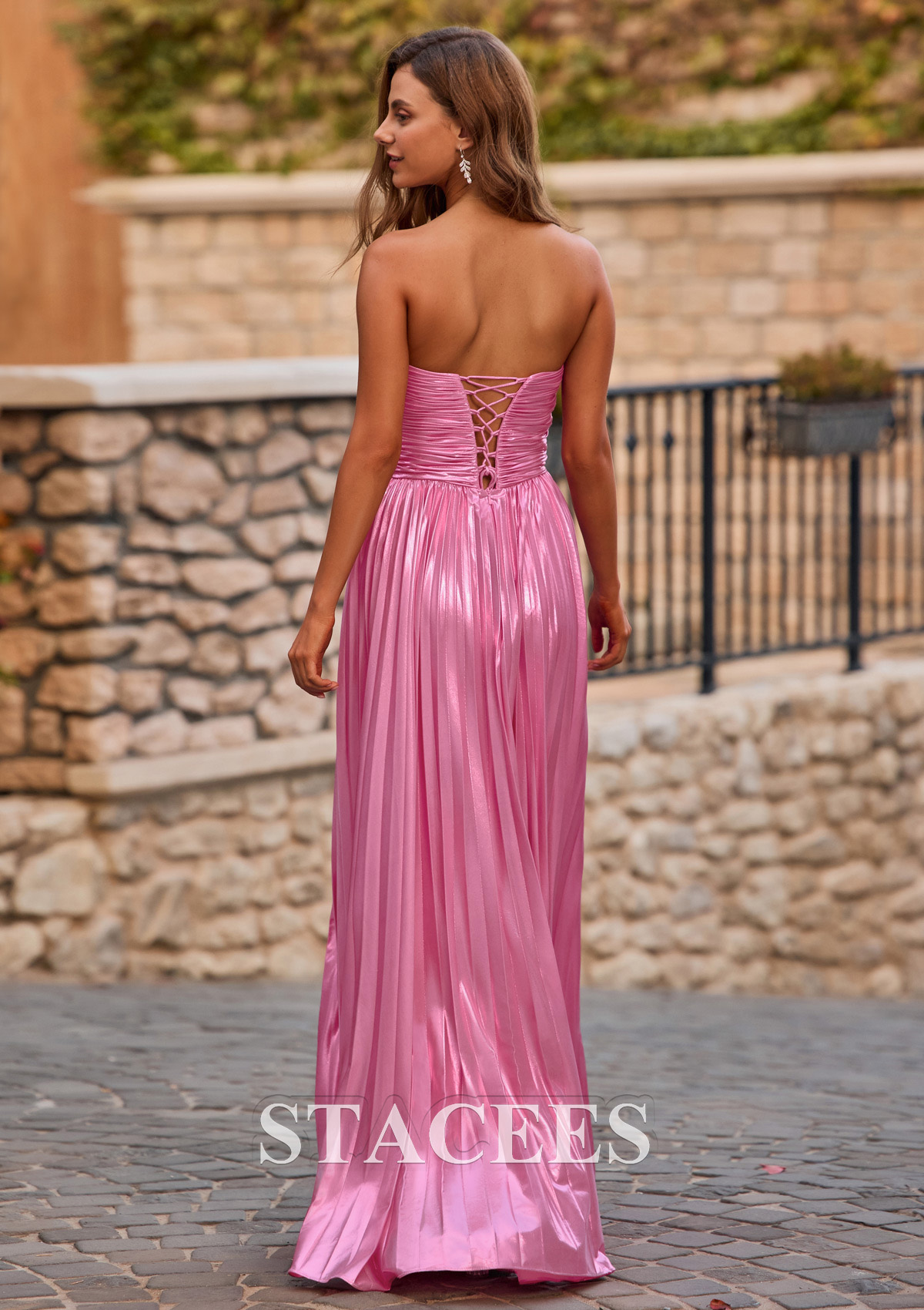 Candy Pink Strapless Keyhole Metallic Pleated A-line Prom Dress with Slit - STACEES