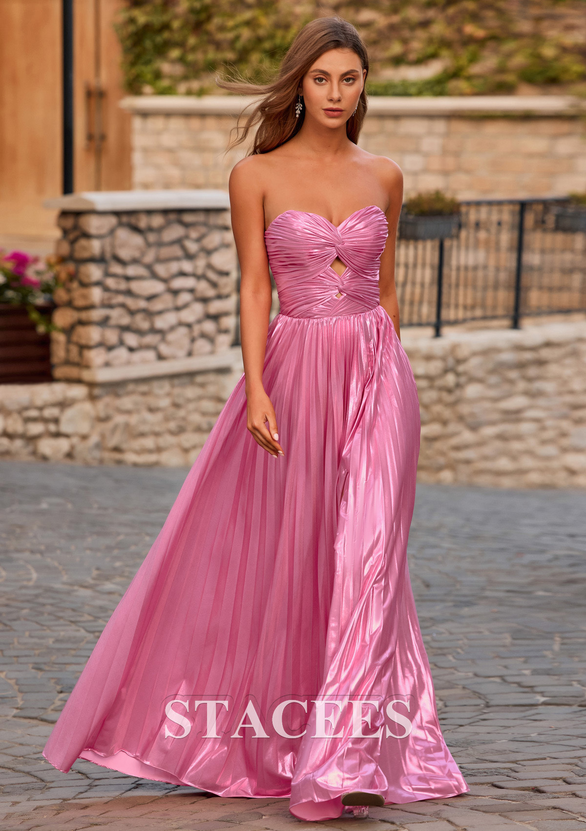 Candy Pink Strapless Keyhole Metallic Pleated A-line Prom Dress with Slit - STACEES