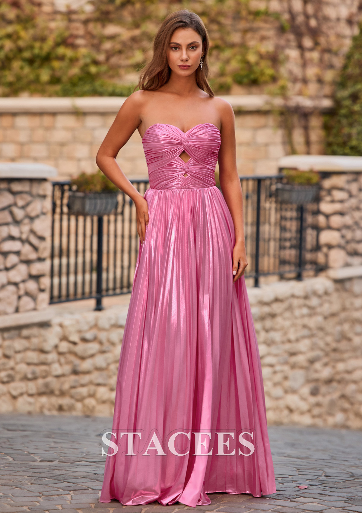 Candy Pink Strapless Keyhole Metallic Pleated A-line Prom Dress with Slit - STACEES