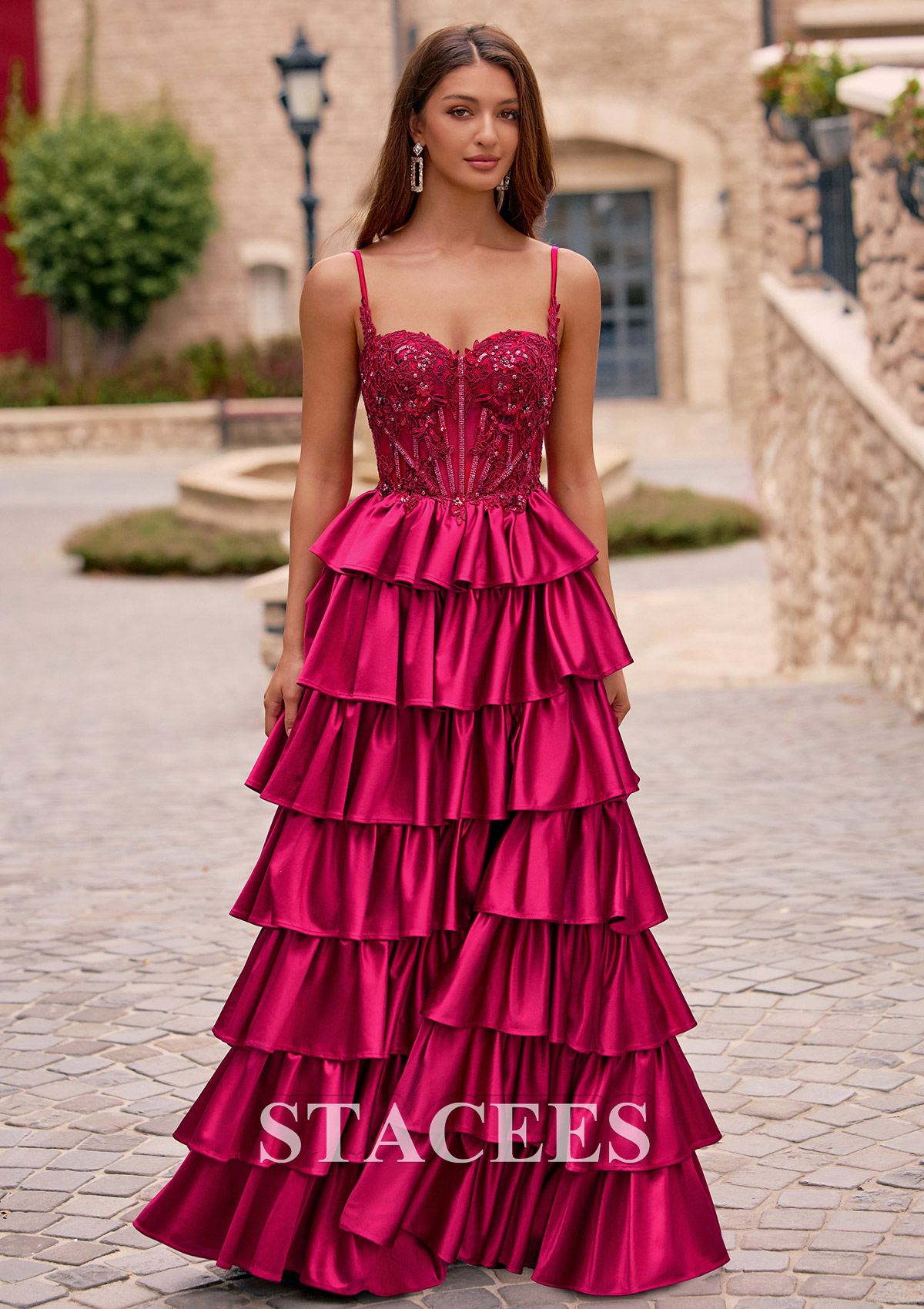 Burgundy A-line Embroidered Sheer Corset Tiered Ruffle Prom Dress with Front Slit - STACEES