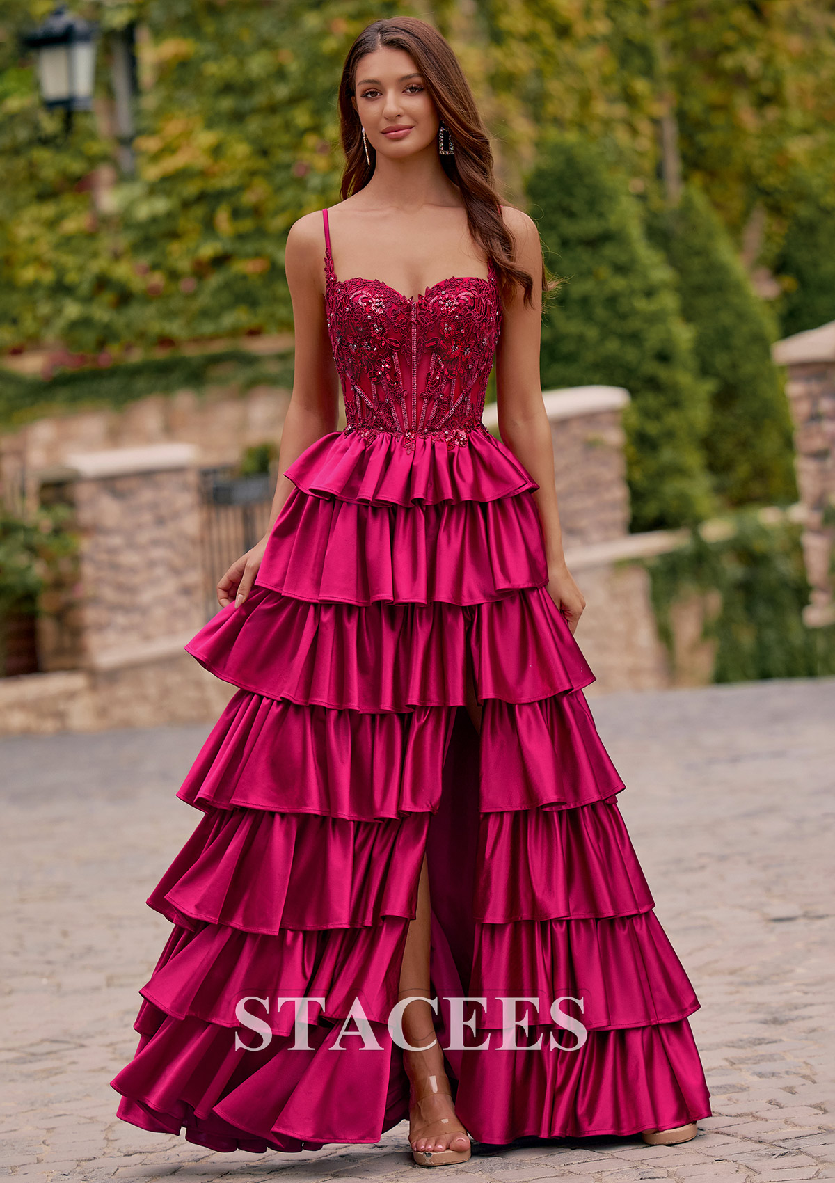 Burgundy A-line Embroidered Sheer Corset Tiered Ruffle Prom Dress with Front Slit - STACEES