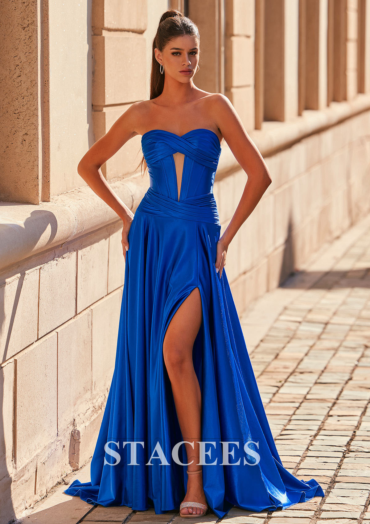 Royal Blue A-line Pleated Slit Prom Dress with Detachable Spaghetti Straps - STACEES